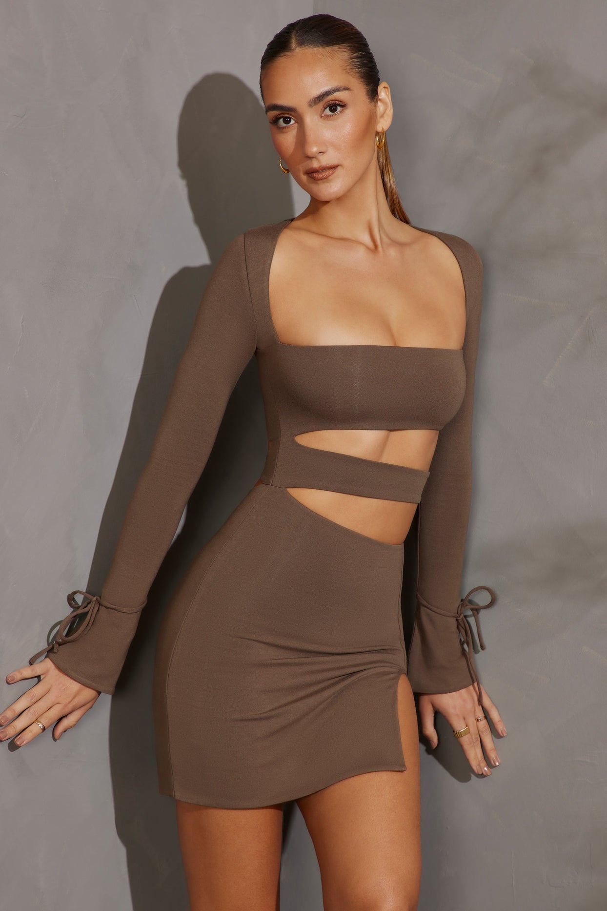 Long Sleeve Cut Out Mini Dress in Taupe