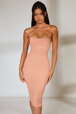Low Back Ruched Midi Dress in Blush