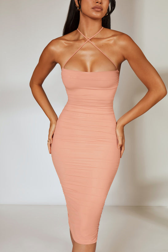Low Back Ruched Midi Dress in Blush