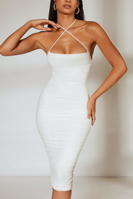 Low Back Ruched Midi Dress in Ivory