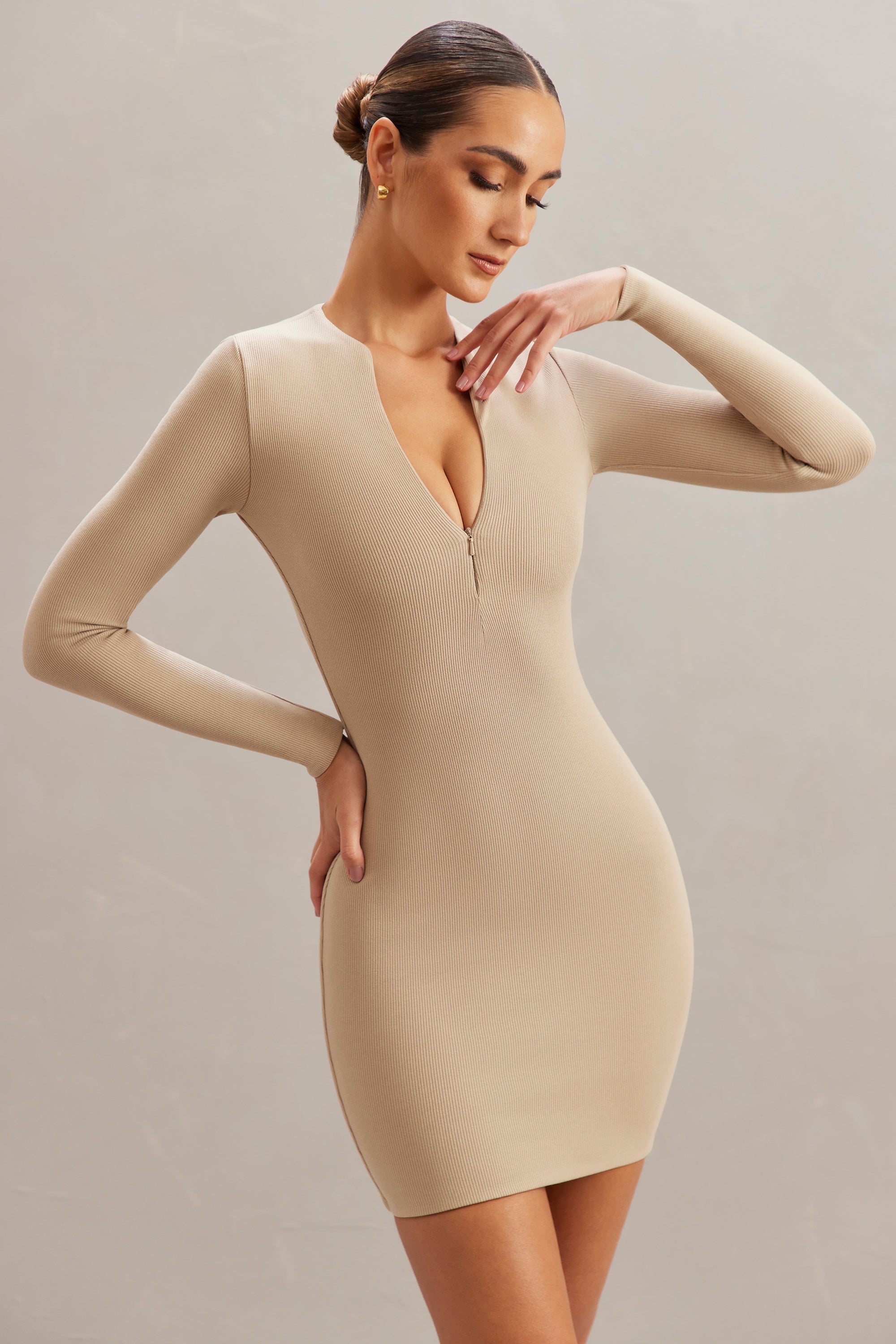 Nude long hotsell sleeve bodycon dress