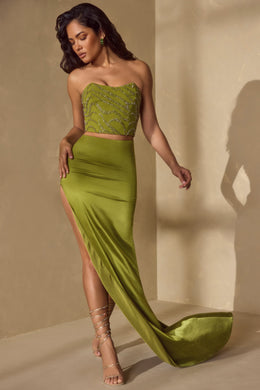 High Slit Gown Length Skirt with Train in Olive