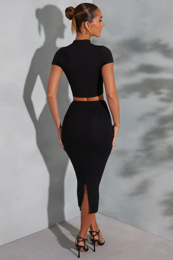 Contrast Stitch Midaxi Skirt in Black