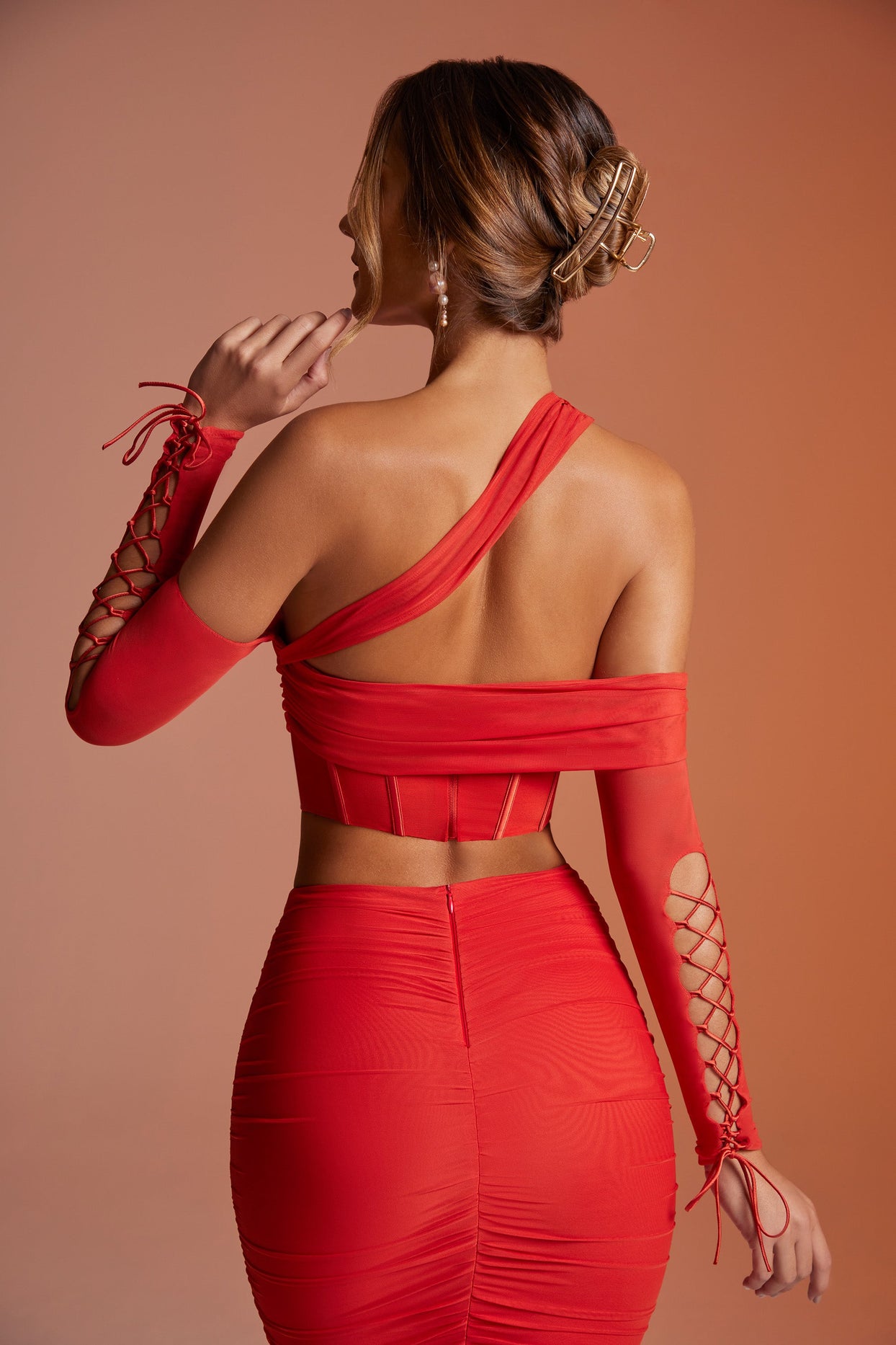Rua Lace Up Long Sleeve Corset Crop Top in Red