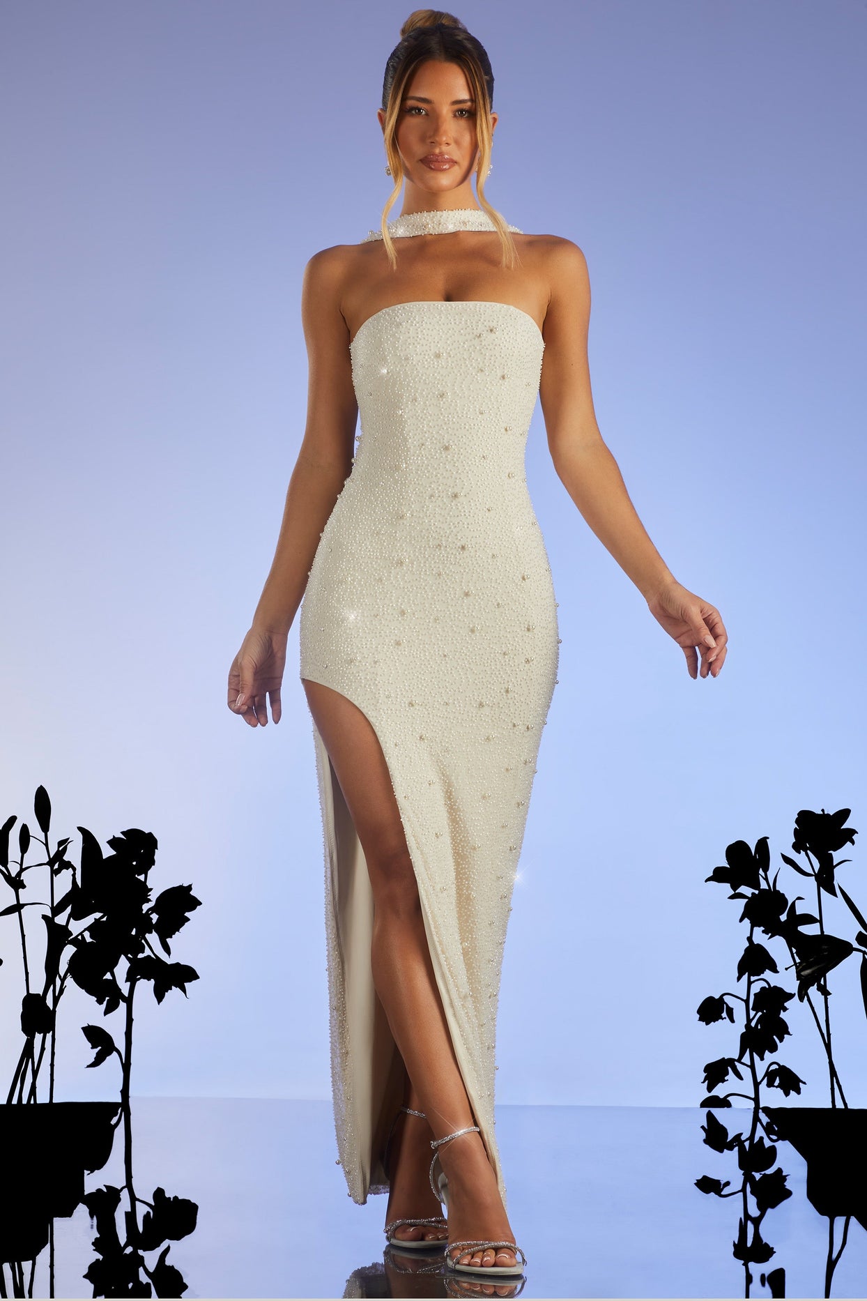 oh polly white long dress Embellished Sleeve Backless Maxi in high split adds a touch of chic appeal Asymmetric Drape Maxi Dress in