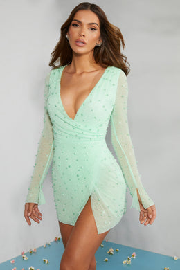 Embellished Wrap Over A-Line Mini Dress in Mint