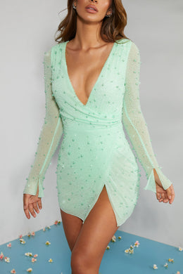 Embellished Wrap Over A-Line Mini Dress in Mint
