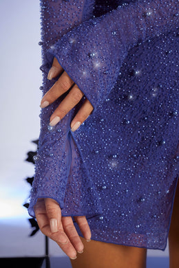Embellished Wrap Over A-Line Mini Dress in Dark Blue