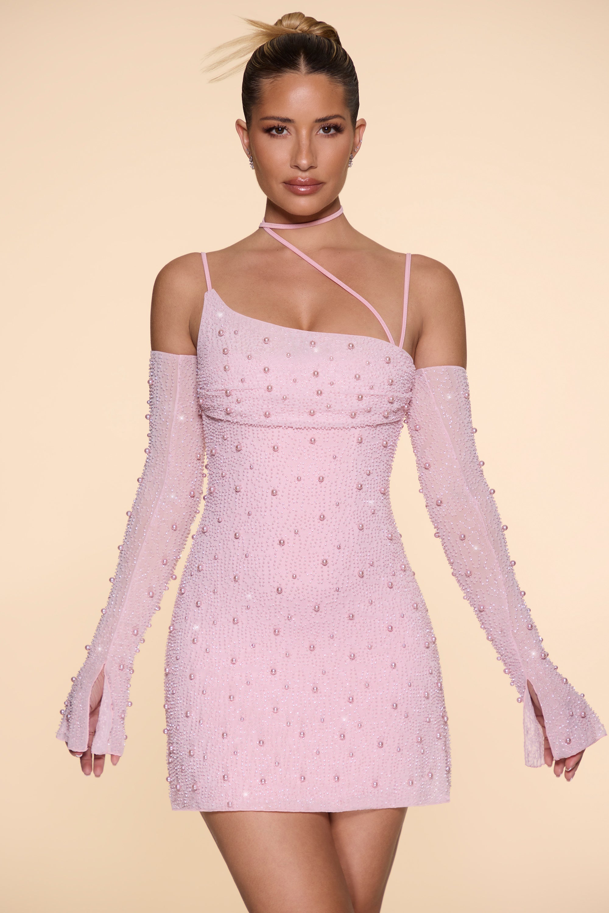 Soho Embellished Asymmetric Cowl Neck Corset Mini Dress in Blush