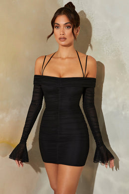 Bardot Long Sleeve Ruched Mini Dress in Black