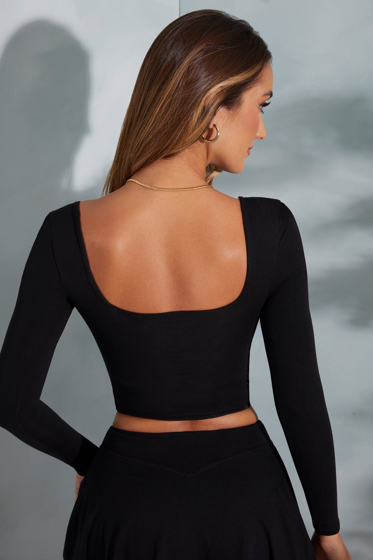 Rounded Square Neck Long Sleeve Top in Black