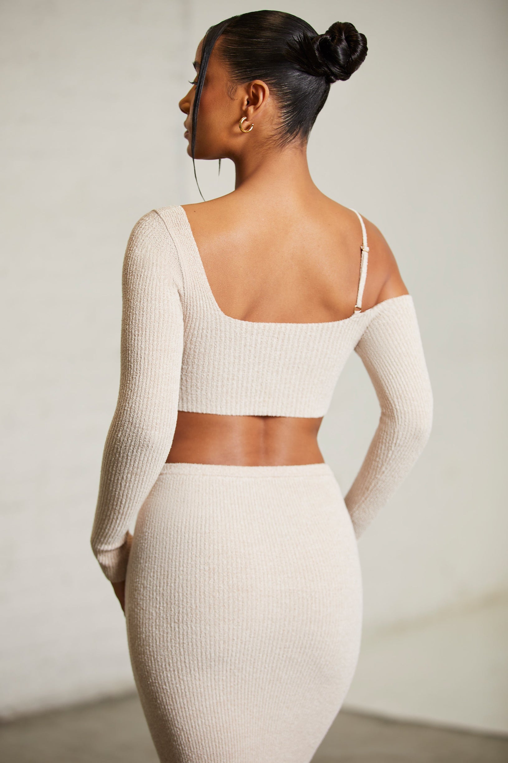 Asymmetric Long Sleeve Crop Top in Praline - 2