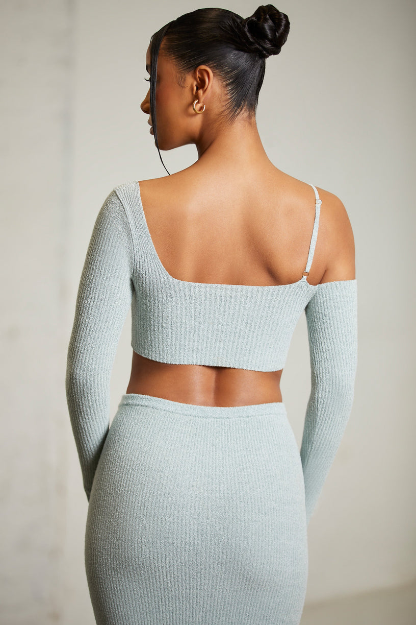 Asymmetric Long Sleeve Crop Top in Green - 2