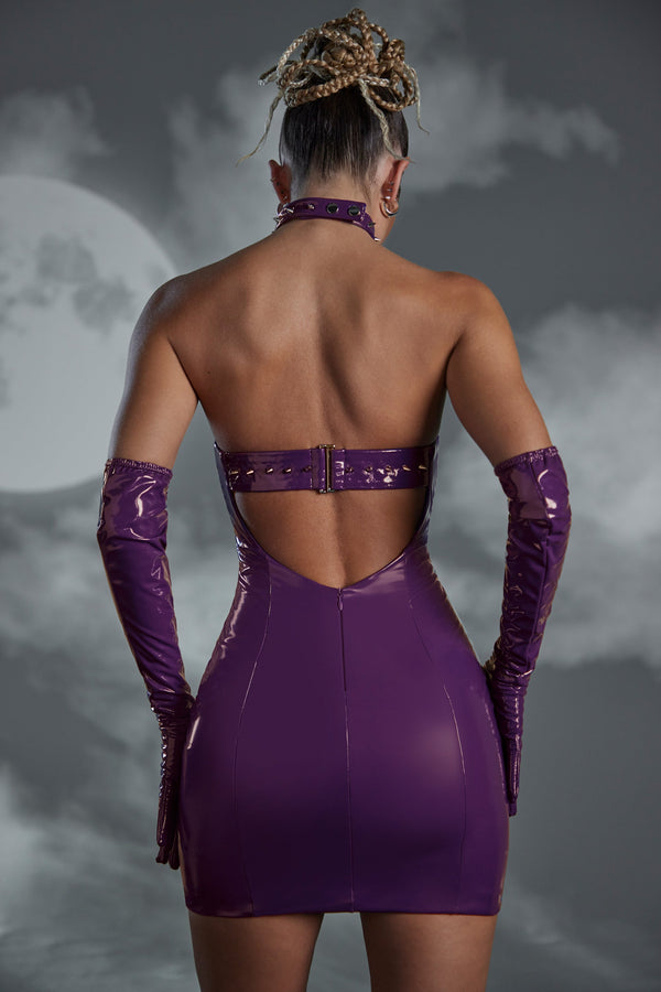 Studded Back Strap Vinyl Mini Dress in Purple - 2