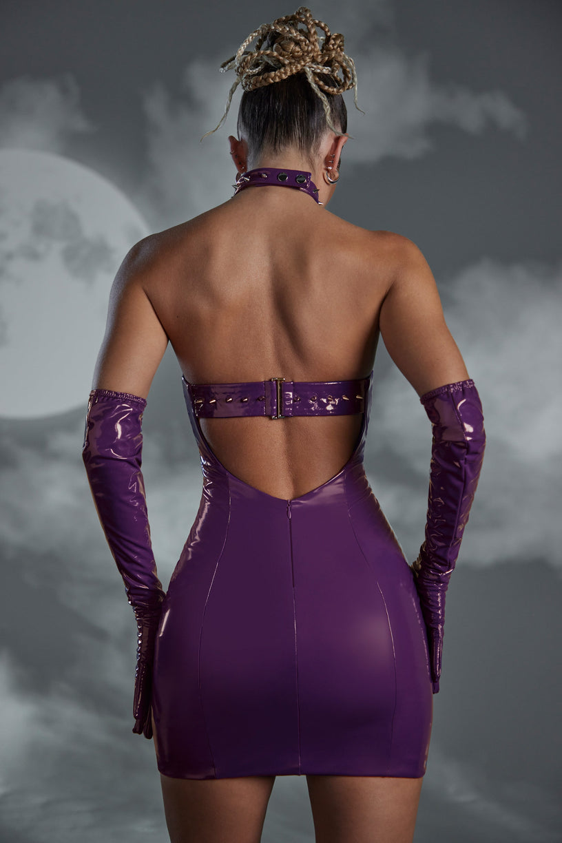 Studded Back Strap Vinyl Mini Dress in Purple - 2