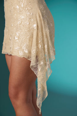Embellished Lace Bandeau Mini Dress in Ivory