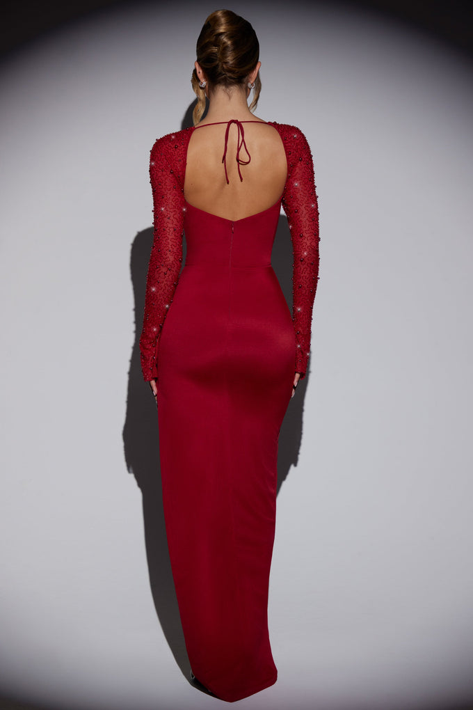 Embellished Side Split Maxi Dress in Red