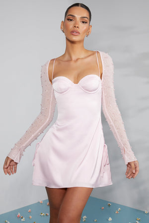 Long Sleeve Embellished A-line Mini Dress in Blush