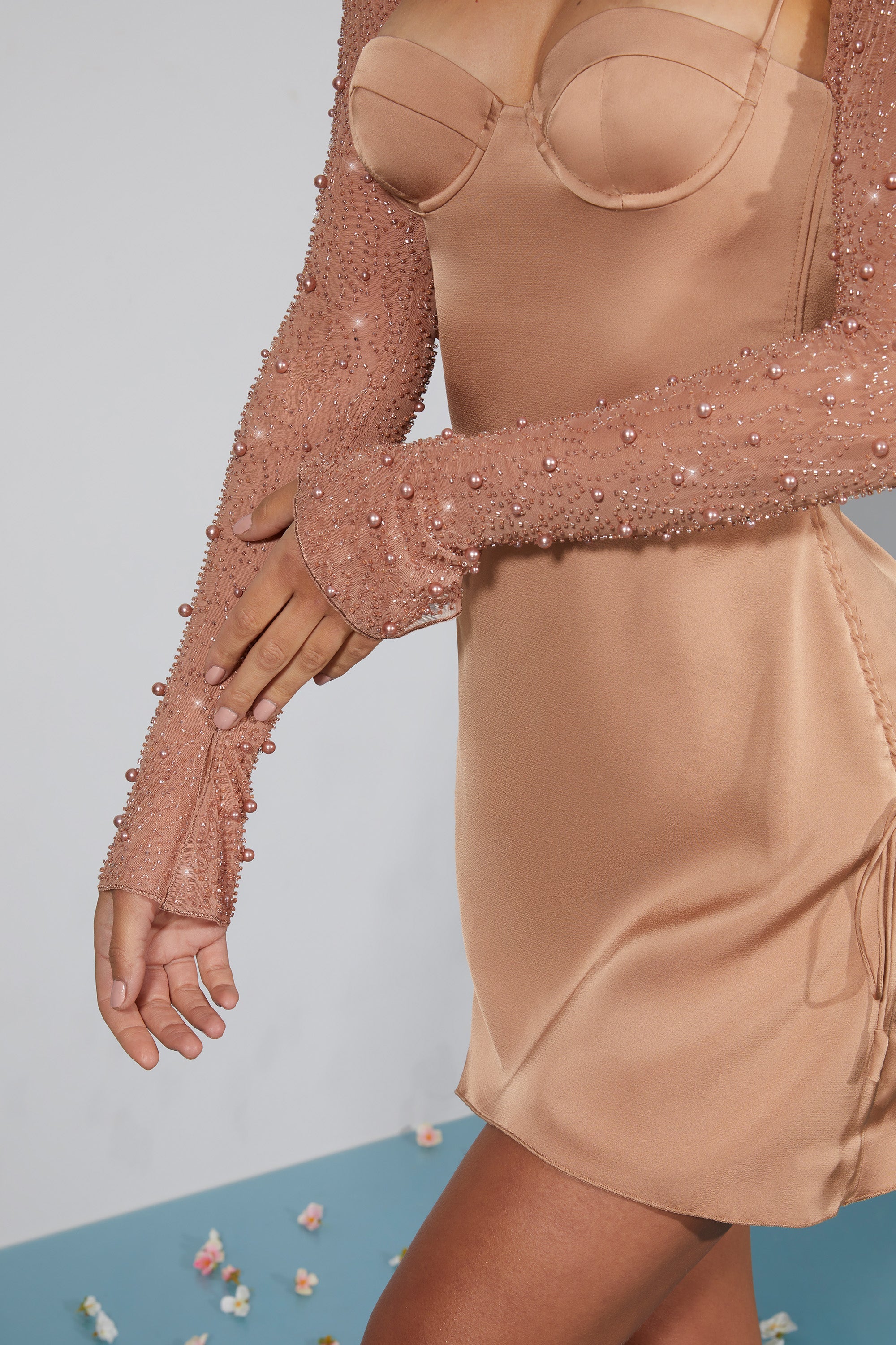 Geneva Long Sleeve Embellished A-line Mini Dress in Beige