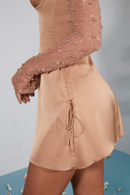 Long Sleeve Embellished A-line Mini Dress in Beige