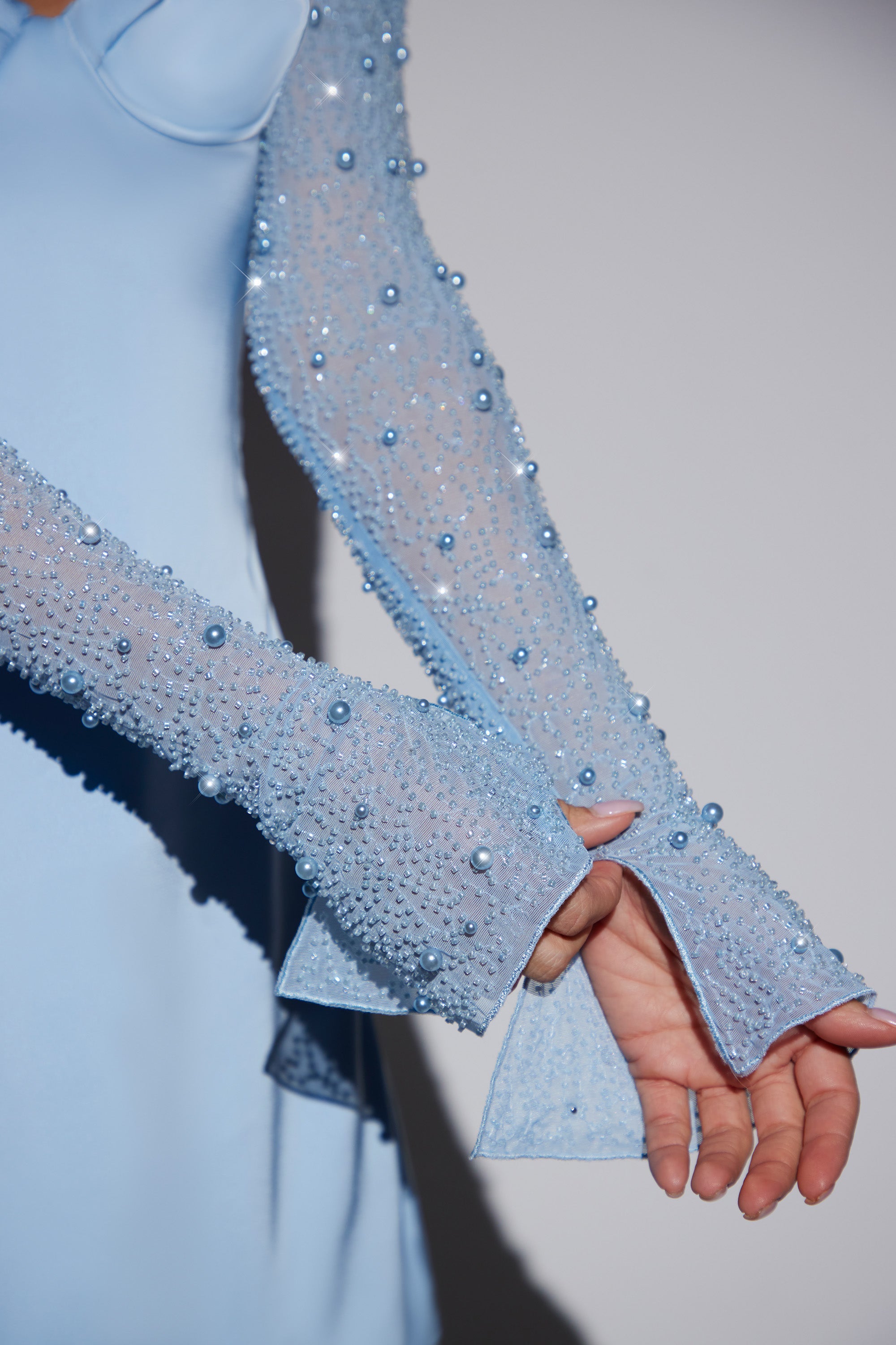 long sleeve embellished a-line mini dress in blue Surround Sound Blue Mesh Long Sleeve Mini Dress - US 16