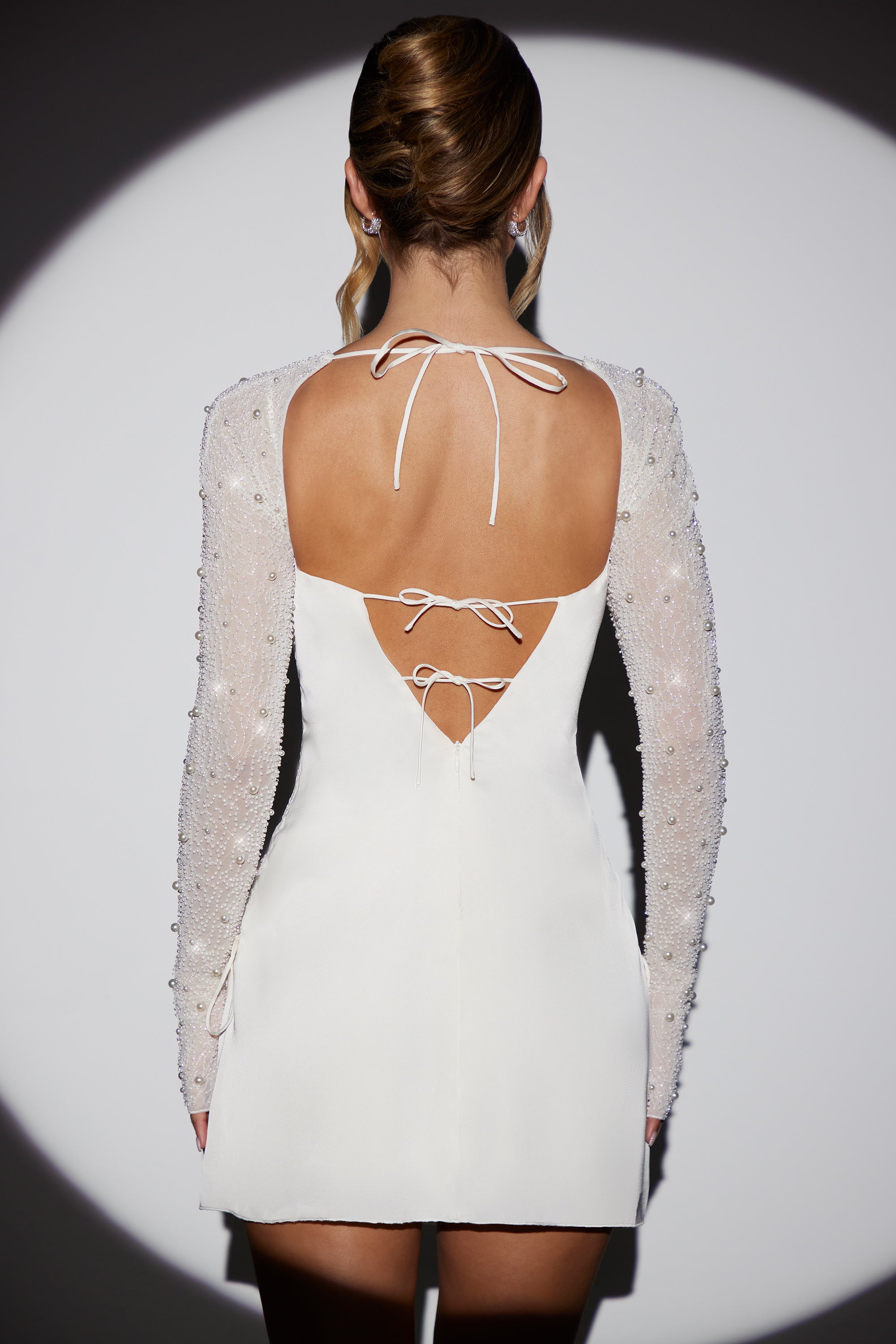 Long Sleeve Embellished A-line Mini Dress in White - 2