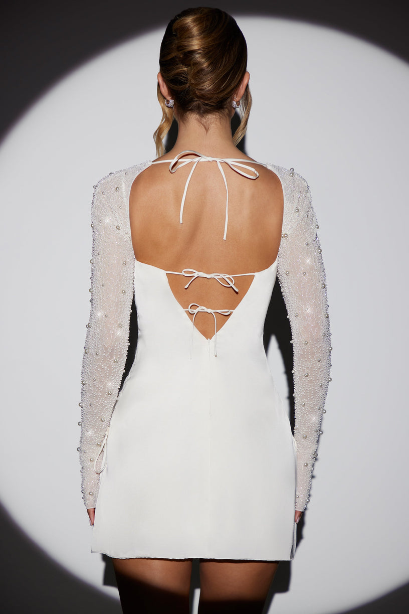 Long Sleeve Embellished A-line Mini Dress in White - 2