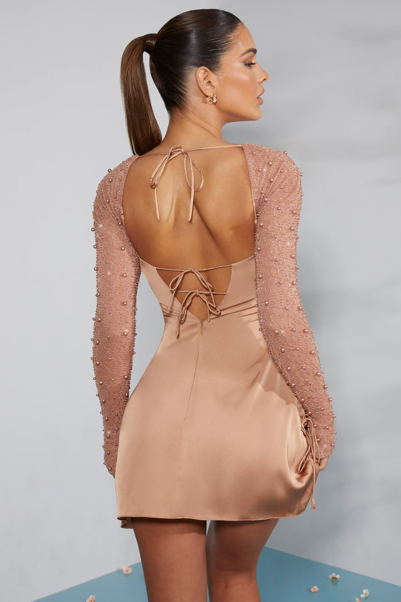 Long Sleeve Embellished A-line Mini Dress in Beige - 2