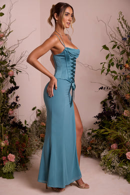 Lace Up Corset Maxi Dress in Teal