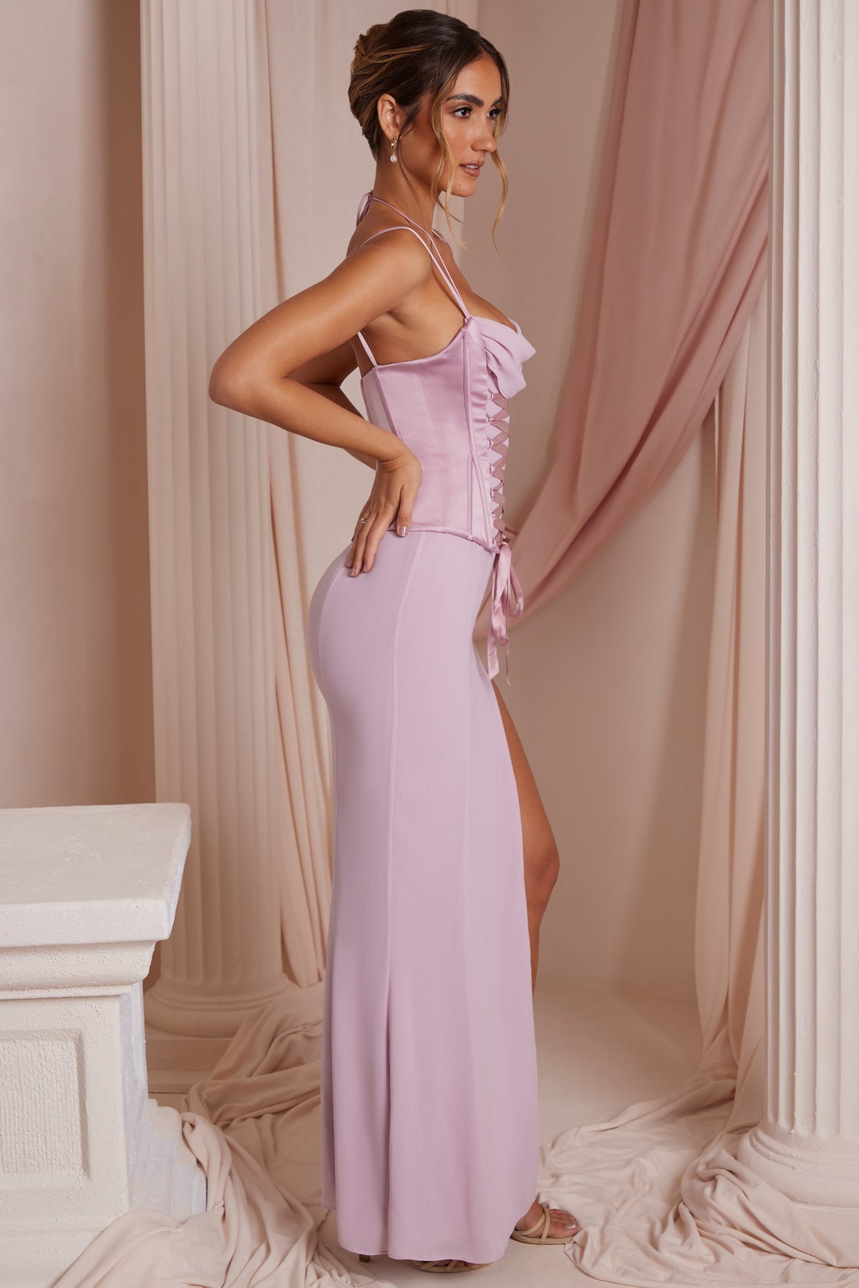 Lace Up Corset Maxi Dress in Dusty Pink