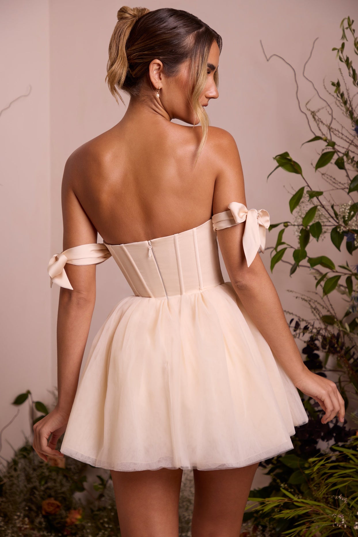 Off Shoulder Tulle Skirt Mini Dress in Ivory