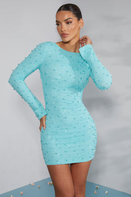Long Sleeve Embellished Backless Mini Dress in Aqua