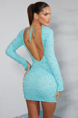 Long Sleeve Embellished Backless Mini Dress in Aqua
