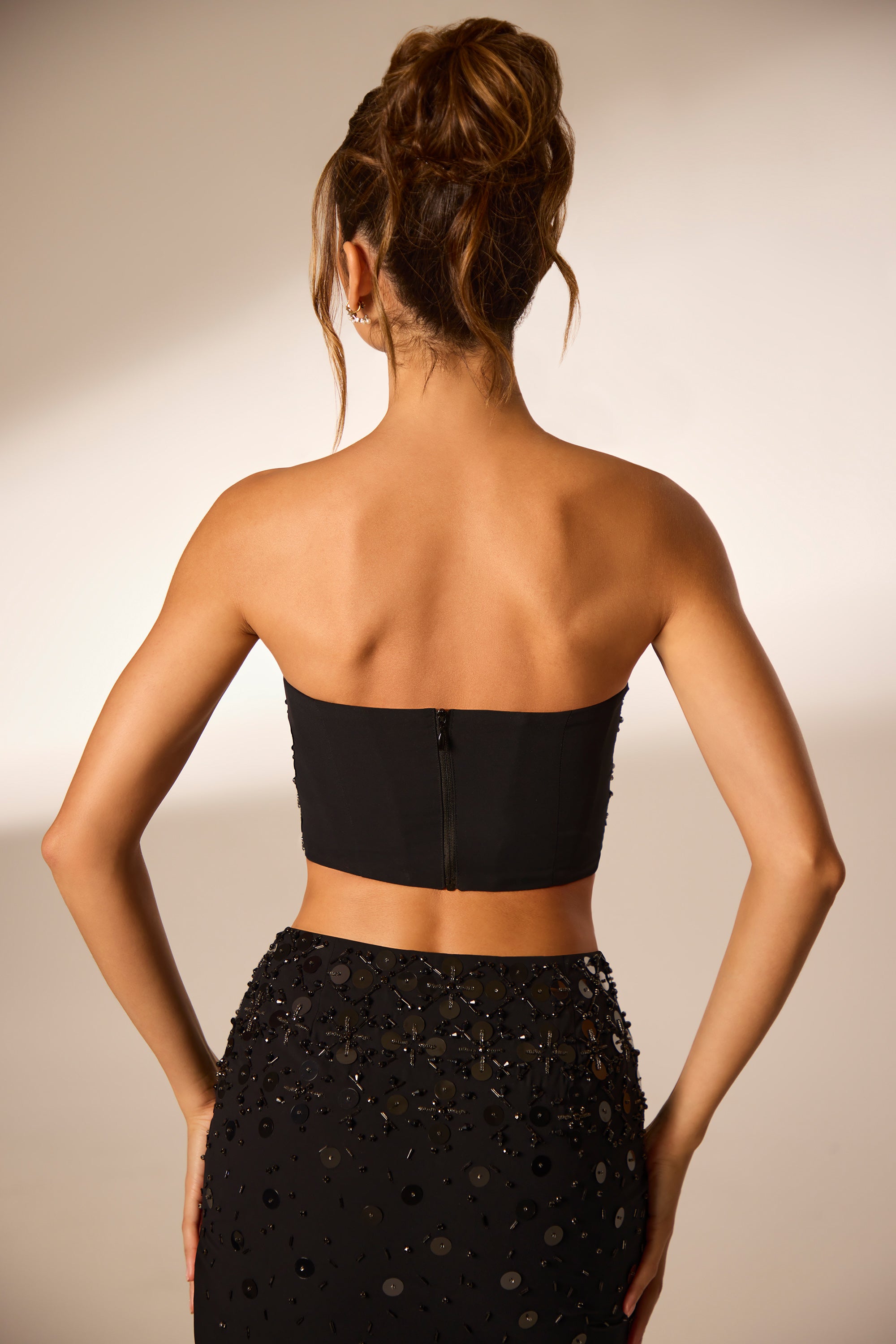Maia Hand Embellished Bandeau Corset Crop Top in Black | Oh Polly