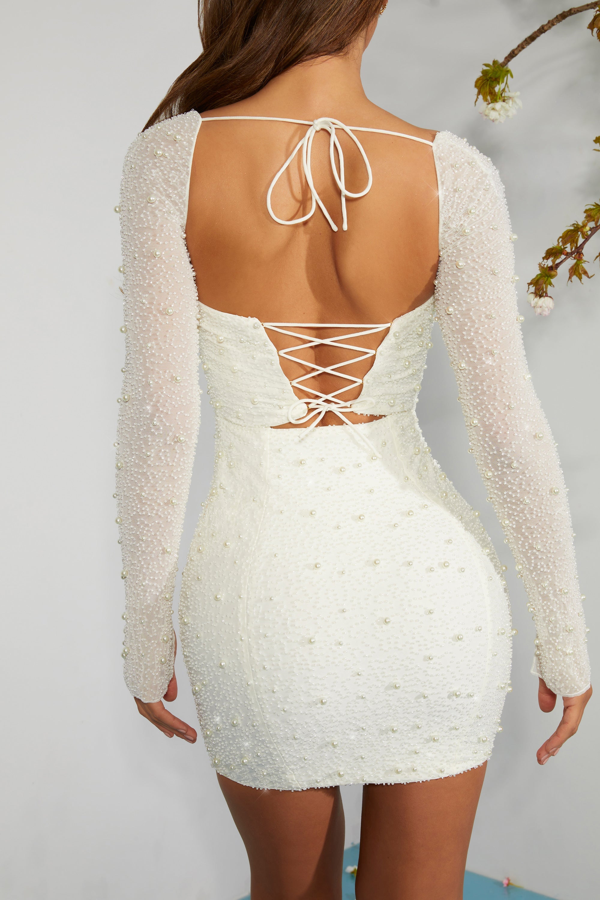 long sleeve embellished corset mini dress Long Sleeve Embellished Corset Mini Dress in Ivory