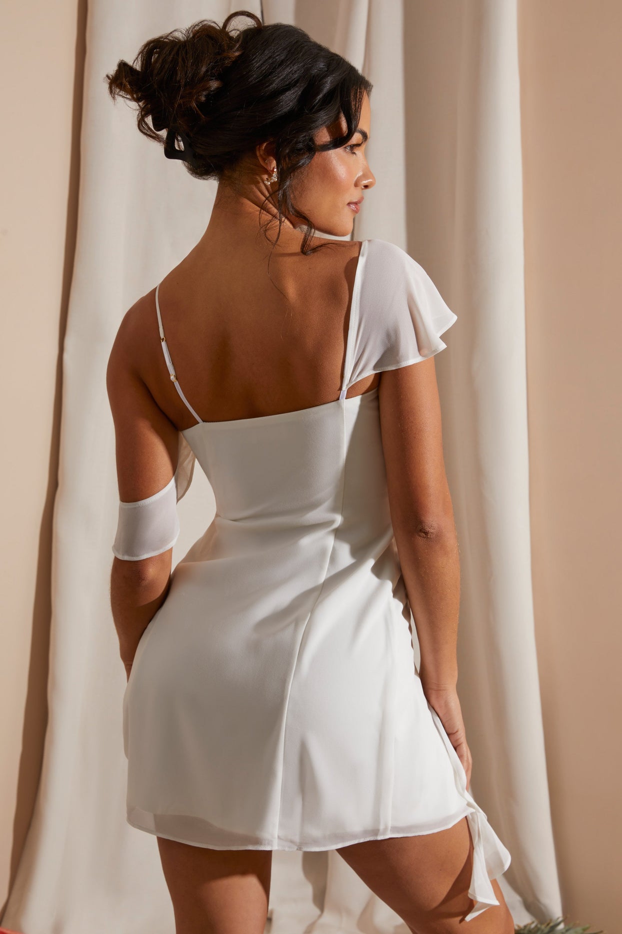 Asymmetric Draped Mini Dress in White