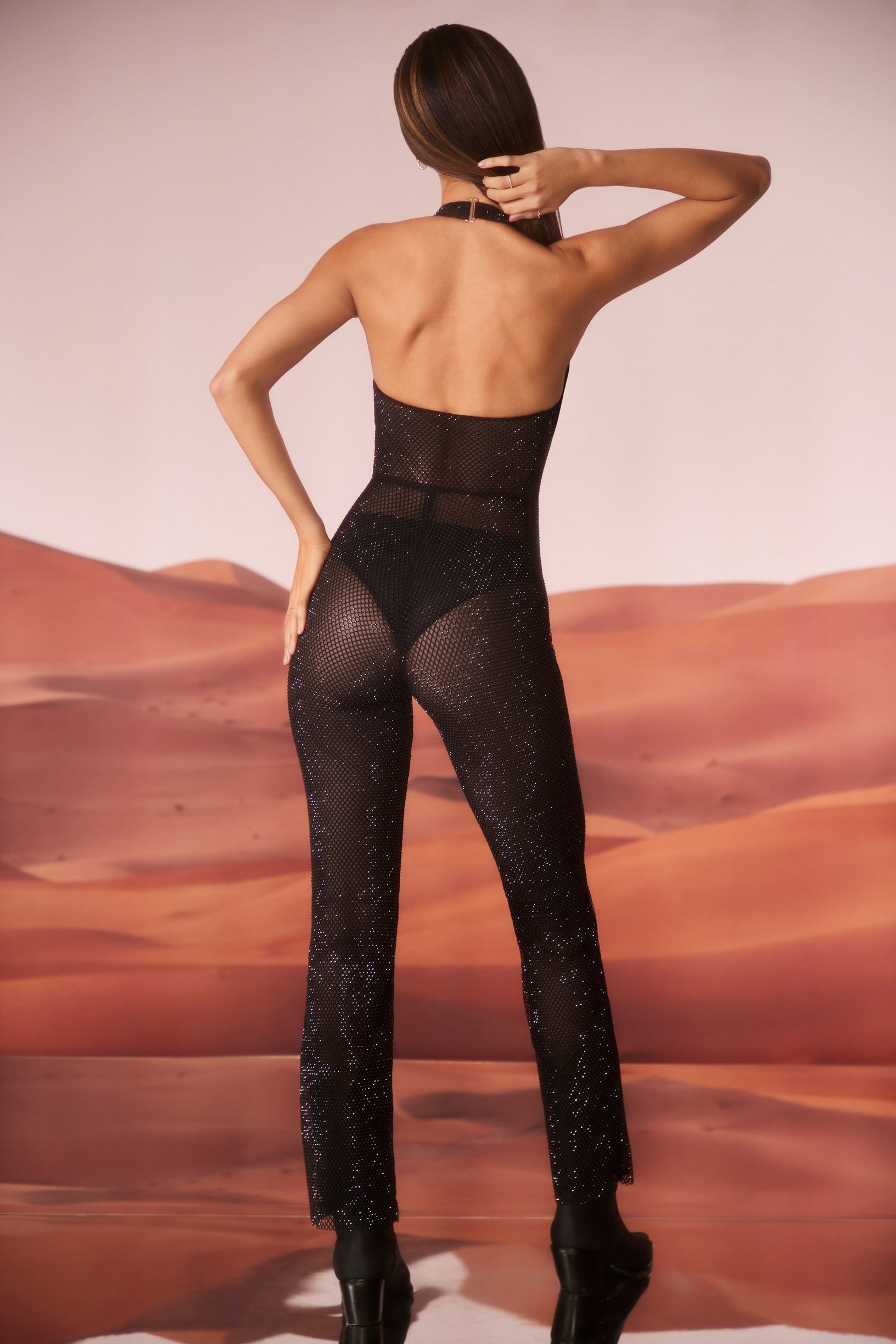Embellished Plunge Neck Jumpsuit in Black - 2