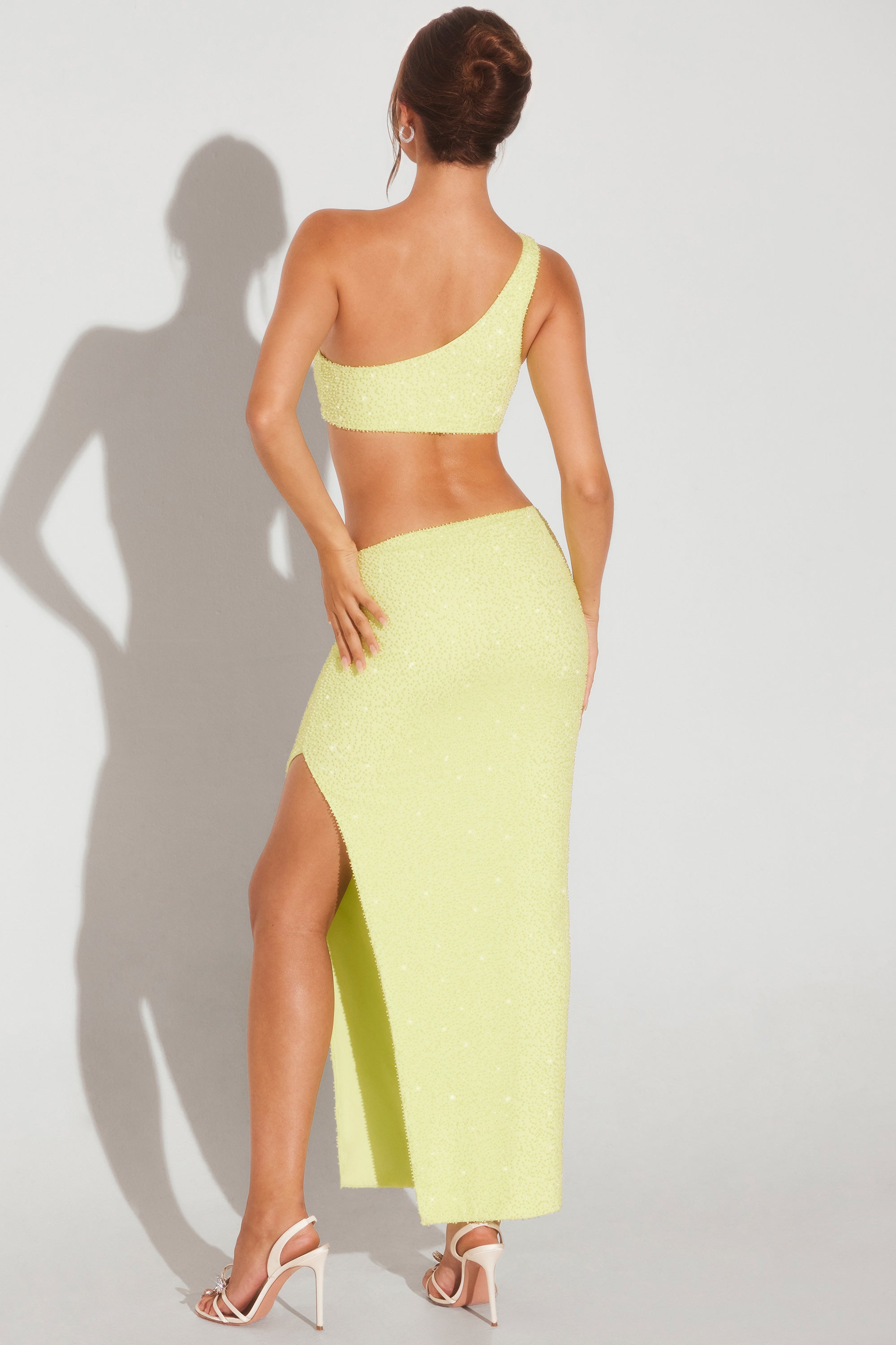 Trieste Embellished Side Split Maxi Skirt in Lime Green | Oh Polly