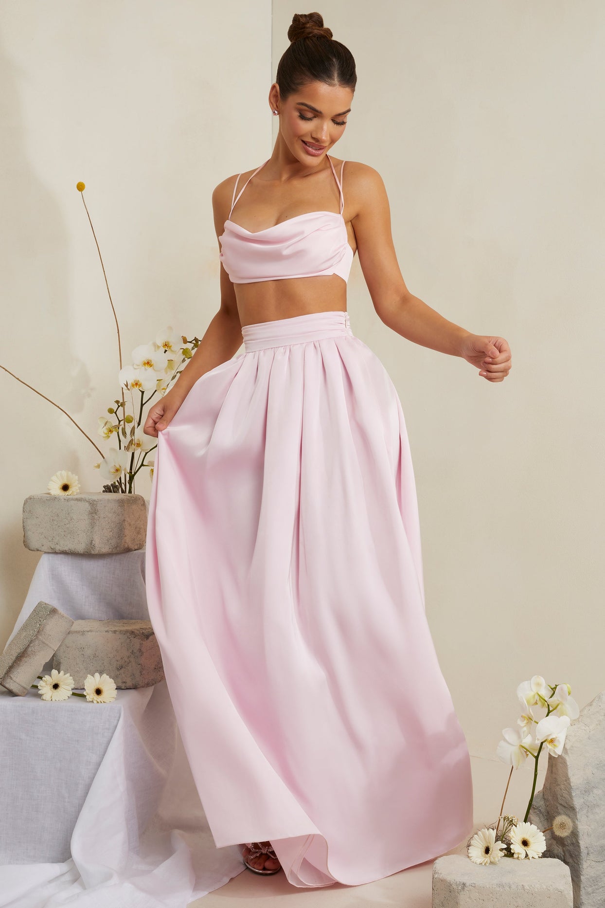 Pleated Heavy Satin Maxi Skirt in Pink