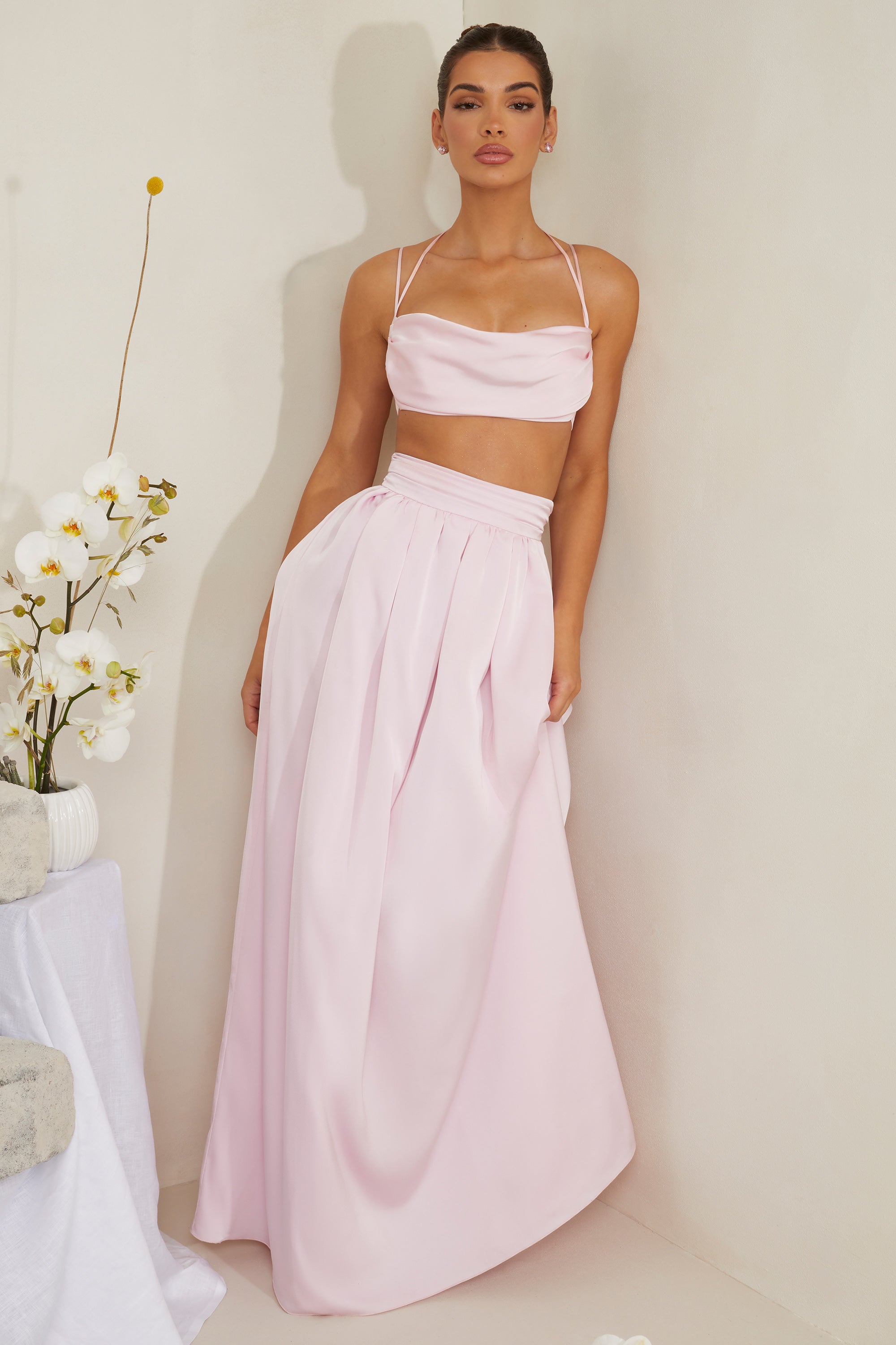 Dulcie Cowl Neck Heavy Satin Crop Top in Pink Oh Polly