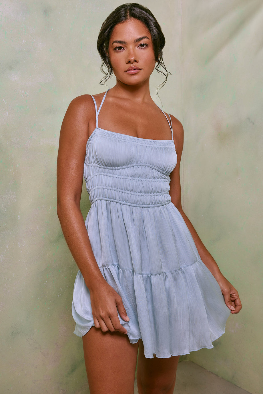 Shirred Bodice A-Line Mini Dress in Sky Grey