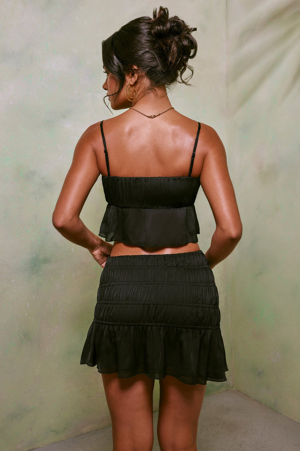 Shirred Thigh High Split Mid Rise Mini Skirt in Black - 2