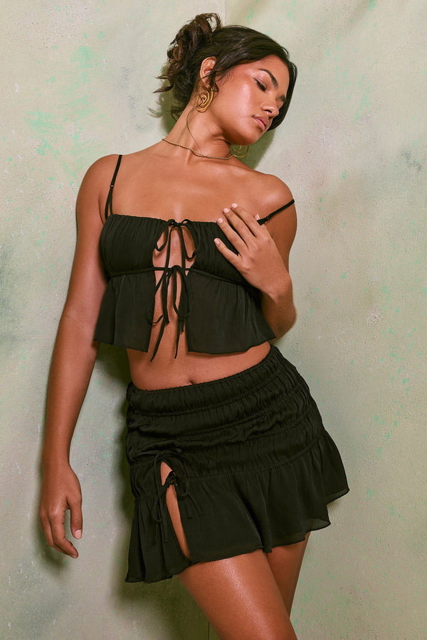 Shirred Thigh High Split Mid Rise Mini Skirt in Black - 1