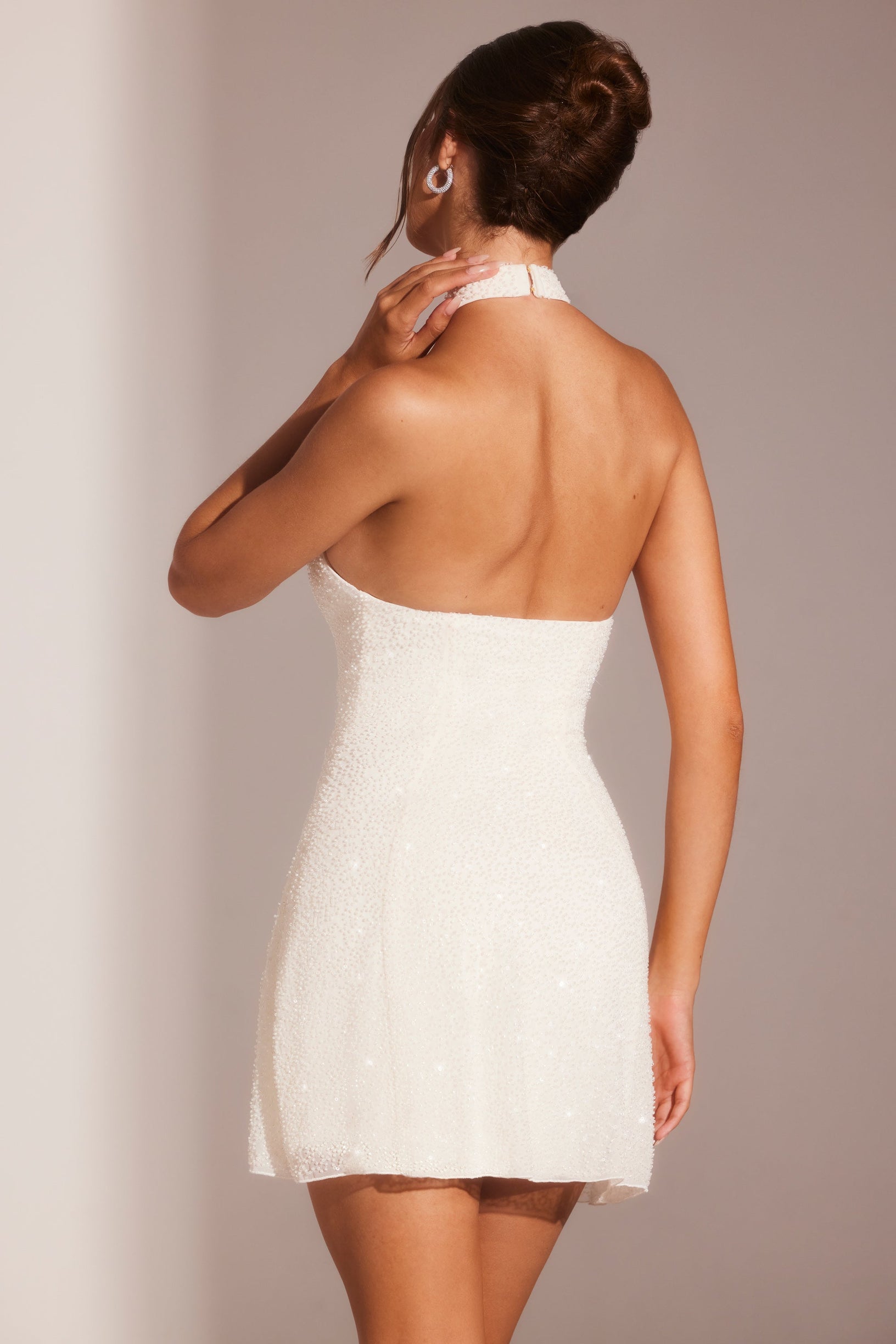 Embellished Asymmetric Neck A-Line Mini Dress in White - 2