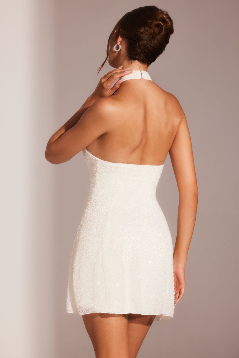 Embellished Asymmetric Neck A-Line Mini Dress in White - 2