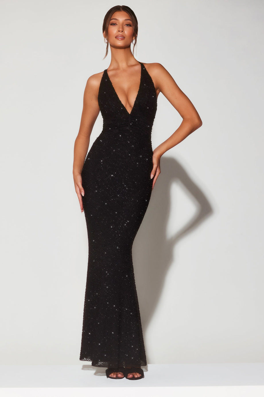 Embellished Plunge Halter Neck Evening Gown in Black