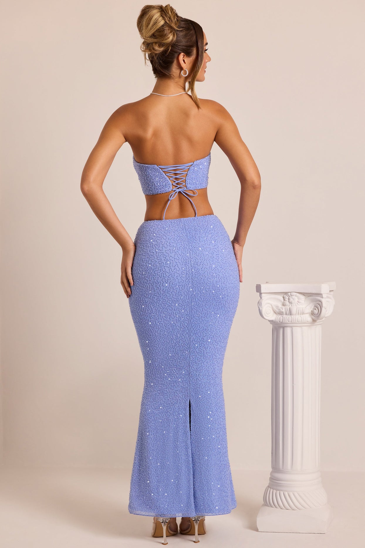 Embellished Mid-Rise Maxi Skirt in Powder Blue