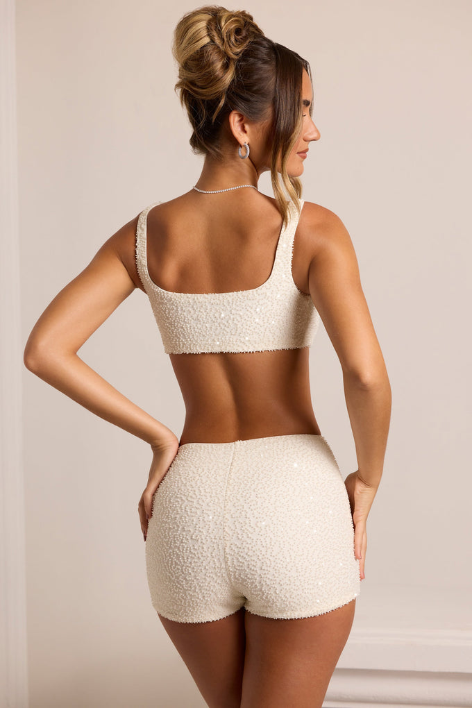 Embellished High Waist Hot Pant Shorts in White