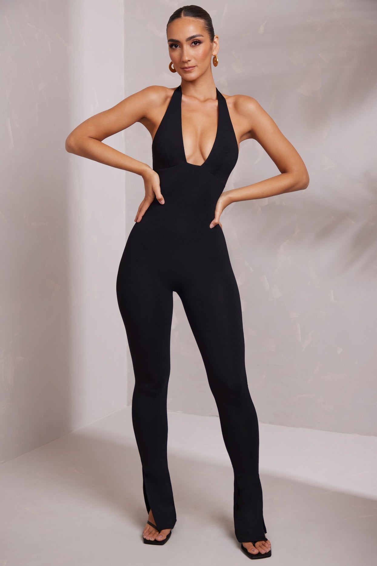 Tall Halter Neck Plunge Jumpsuit in Black