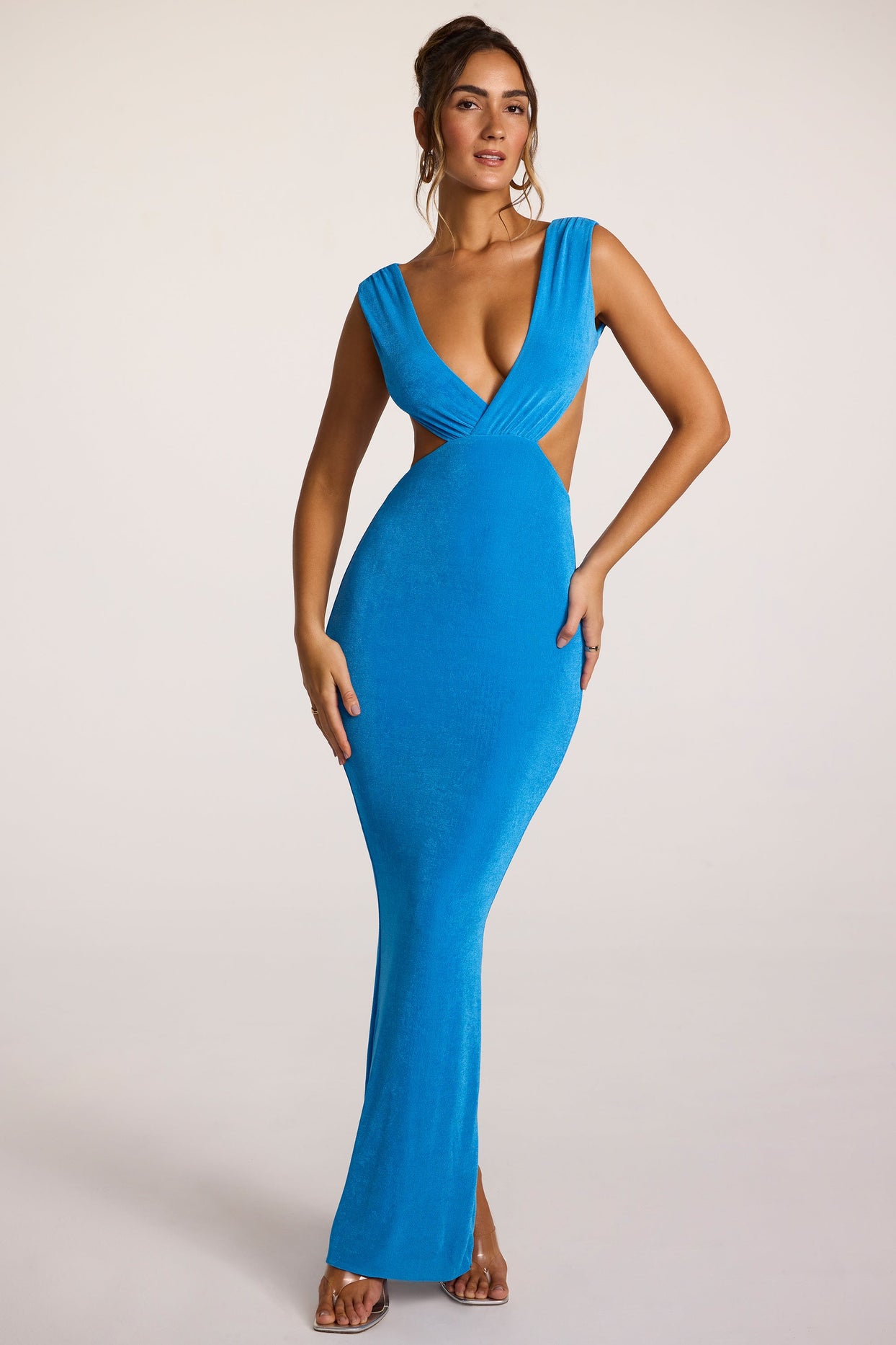 Textured Jersey Plunge Neck Maxi Dress in Cobalt Blue